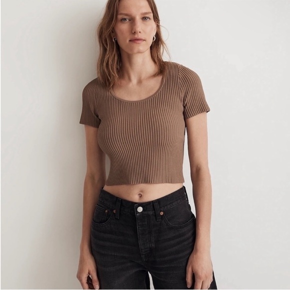 Madewell Tops - Madewell Ottoman Crop Sweater NL209 Umber Brown Ribbed Fitted